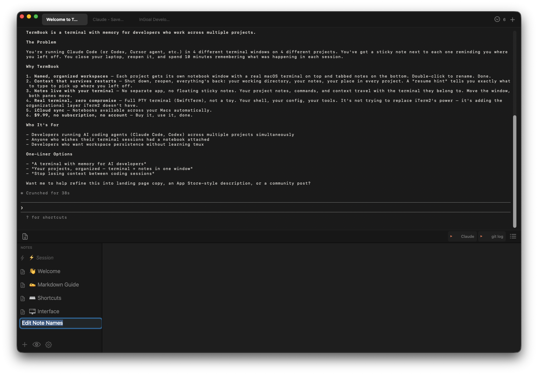 TermBook — terminal on top, named tabs, notes below
